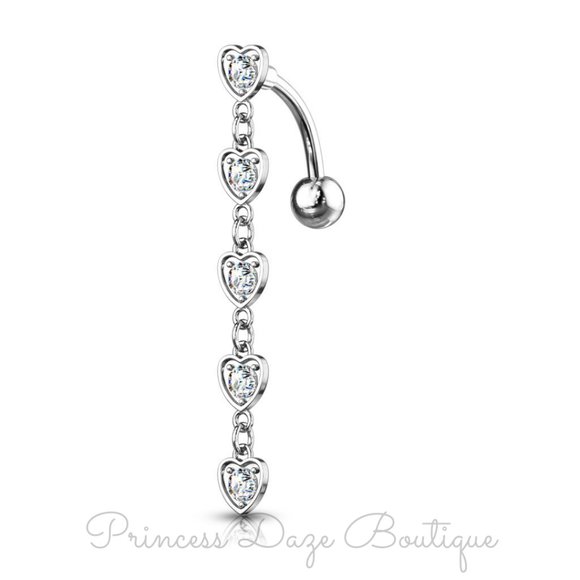 Silver Diamond Heart Dangle Belly Button Ring - Picture 1 of 3